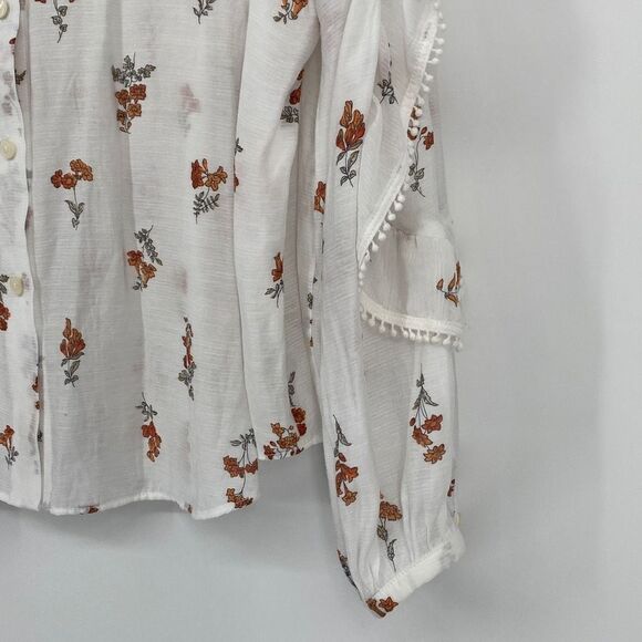 Ann Taylor Floral Feminine Blouse Semi-Sheer Linen Blend Ruffle Sleeve White XL - Picture 4 of 16
